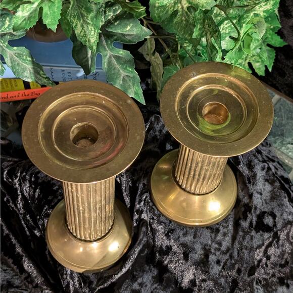 Two Vintage Solid Brass Thick Olympic Style Column Fluted Center Candle Holders - Picture 4 of 8